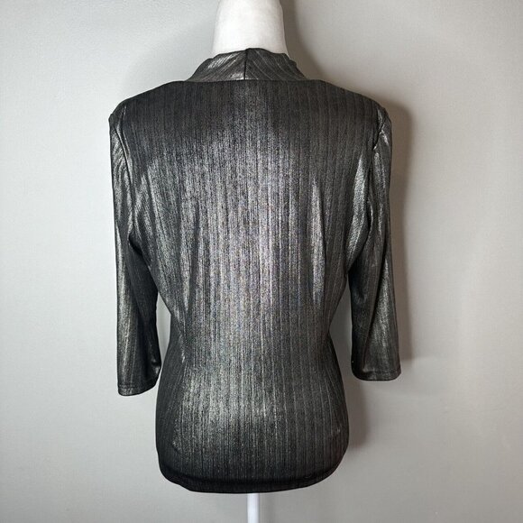 Chetta B Metallic Gold Black Stretch Long Sleeve Front Faux Wrap Top Blouse 12 - Picture 8 of 11